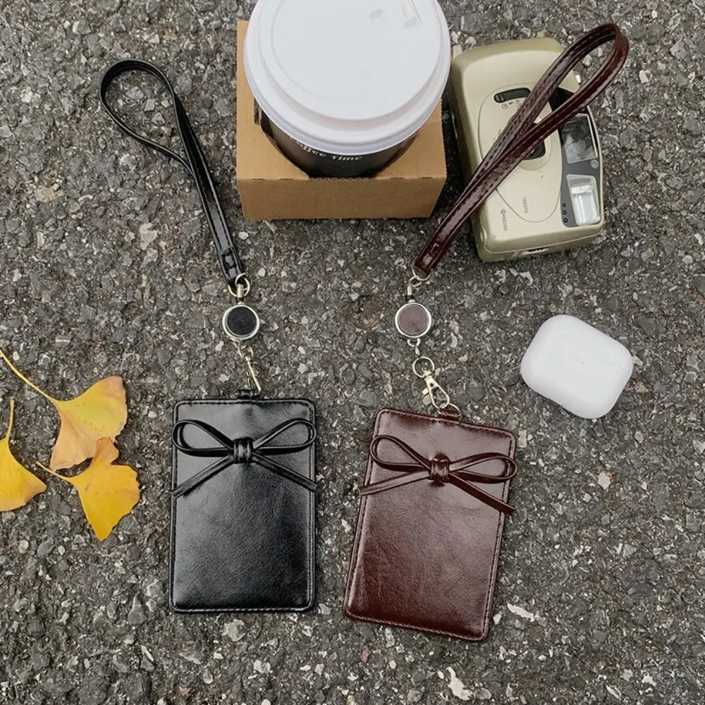 PU Leather Bow Leather Card Holder Bowknot Name Tag Work Card Cover Scalable Retractable Bus ID Holders Men Women Peaceful Pleasures Health and Wellness
