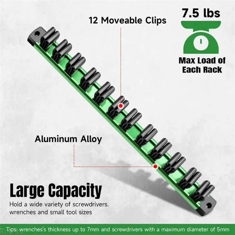 12-Slot Magnetic Aluminum Rail Tool Organizer | Wall Mount