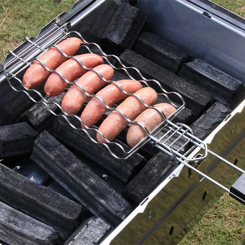 Hot Dog Grill Basket – 6-Sausage BBQ Rack with Wooden Handle BBQ Grill Basket Peaceful Pleasures Health and Wellness