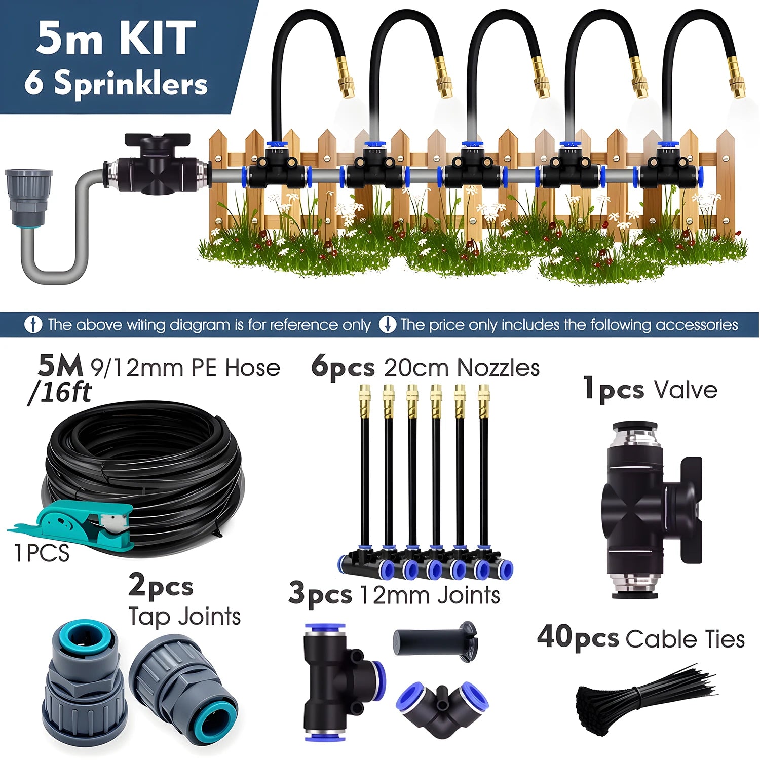 20-5m 3/8" 9/12mm Misting Cooling System Garden Irrigation 80mesh Filter 360° Free-bend Brass Nozzle Adjustable Atomizer Sprayer Peaceful Pleasures Health and Wellness 5m Kit