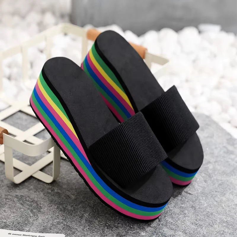 Women's Rainbow Bohemian Wedge Flip Flops | Non-Slip Beach Sandals