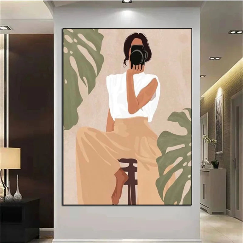 Nordic Wall Art Abstract Fashion Women And Leaf Prints Posters Gift for Girls Canvas Prints Pictures Room Decor Figure Painting Peaceful Pleasures Health and Wellness