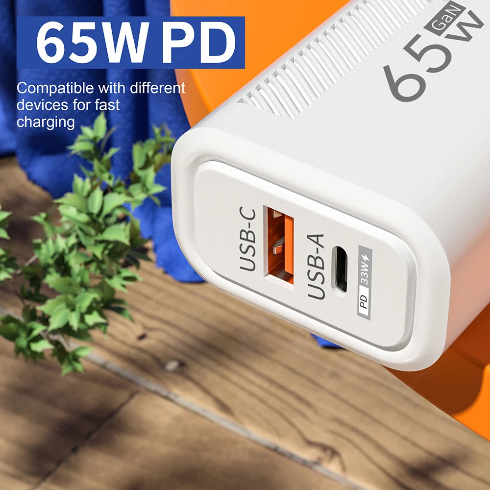 65W GaN Fast Charger PD QC3.0 Dual Port USB Wall Adapter EU US Plug Compatible with iPhone Samsung Xiaomi Tablets Travel Charger Peaceful Pleasures Health and Wellness