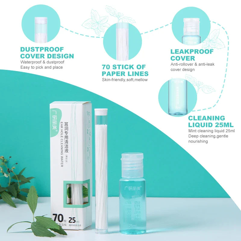 Ear Piercing Cleaning Kit – 70-Piece Ear Hole Floss & Solution
