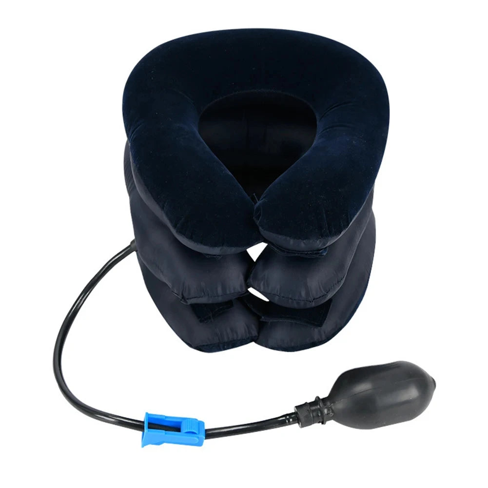 Inflatable Neck Stretcher Support Air Cervical Traction 3 Tubes Neck Braces Stress Relief Relaxation Men Women for Home Office Peaceful Pleasures Health and Wellness Blue