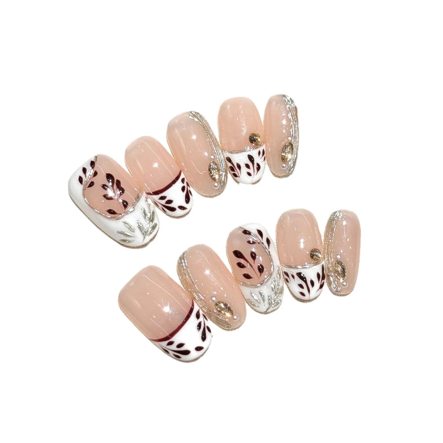 Handmade Maple Leaf Press-On Nails | French Diamond Milk White
