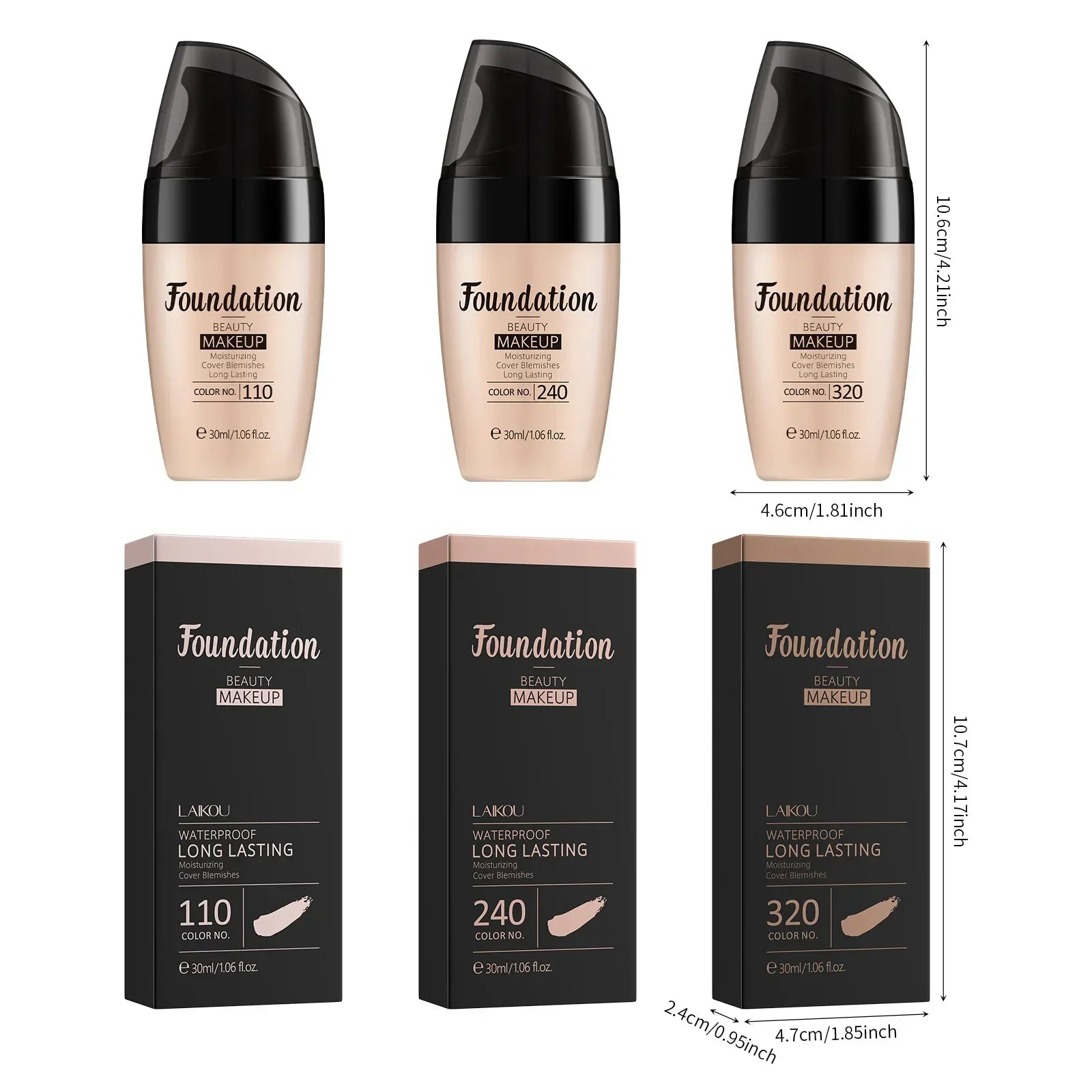 Foundation bottles and boxes with color swatches and dimensions on a white background