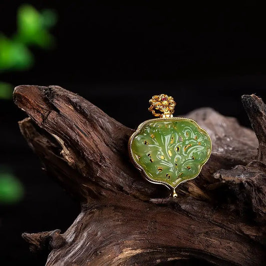 Light Luxury Fashion Hollow Out Safety Lock Ruyi Pattern Black Box Design Inlaid Natural Green Stone Retro Personality Pendant Peaceful Pleasures Health and Wellness