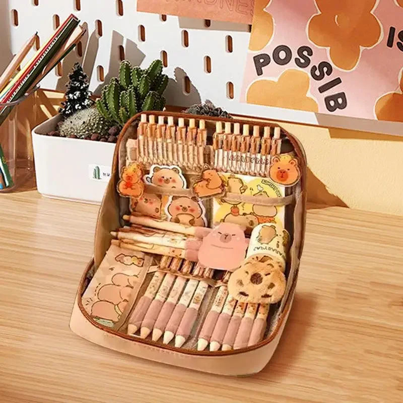 Capybara Stationery Set Cute Pencil Case With Pens Clips Rulers Sticky Note 10-Color Ballpoint Pen Pencil Organizer For Students Peaceful Pleasures Health and Wellness