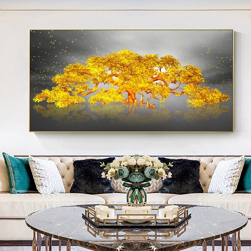 Abstract Luxury Flowers Canvas Painting, Golden Rich Tree, Wall Art Posters Money Tree Prints, Living Room, Porch, Home Decor Peaceful Pleasures Health and Wellness