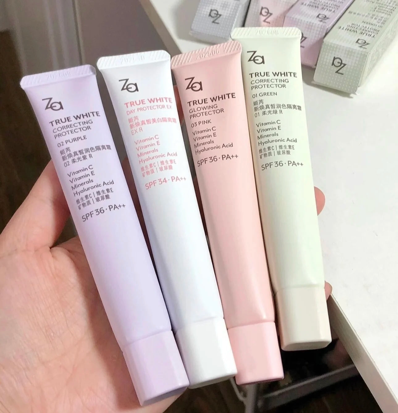 Za True White Glowing Correcting Protector Vitamin C E Minerals Hyaluronic Acid SPF36 PA++ Original Face Whiten Sunscreen Cream Peaceful Pleasures Health and Wellness