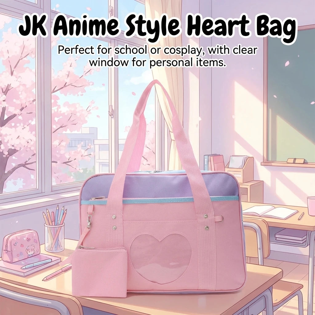 JK Uniform Style Tote Bag Anime Design Sweetheart Pattern Cute School Bag for Girls Lightweight Durable Synthetic Fiber Daily Peaceful Pleasures Health and Wellness