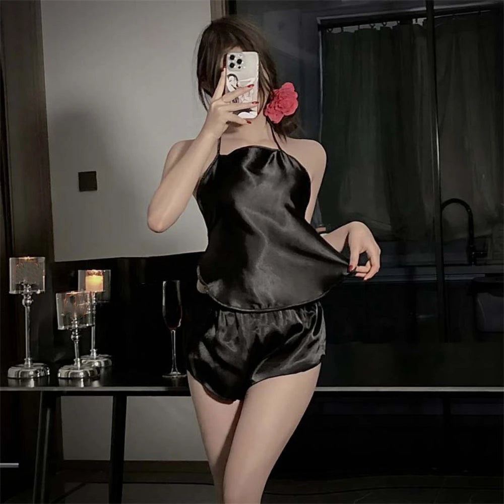 Women's Silk-Feel Camisole Shorts Pajama Set | Summer Sleepwear Women's Pajama Set Peaceful Pleasures Health and Wellness Black One Size
