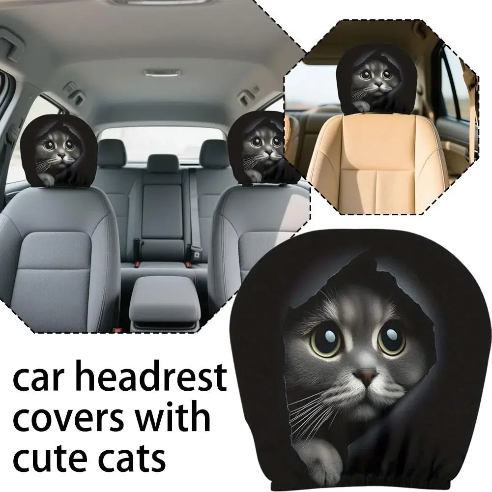 2 pieces of realistic car headrest covers with cute cats showing their faces, washable and stretchable, car interior decoration Peaceful Pleasures Health and Wellness