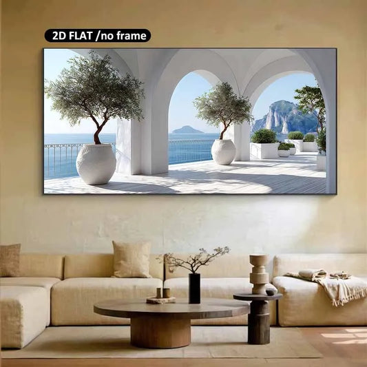 2D Flat, Frameless Modern Home Decor Canvas Art Prints for Living Room Bedroom Posters Coastal Archway Olive Trees Sea View Peaceful Pleasures Health and Wellness 20x40cm No Frame ZLH10436