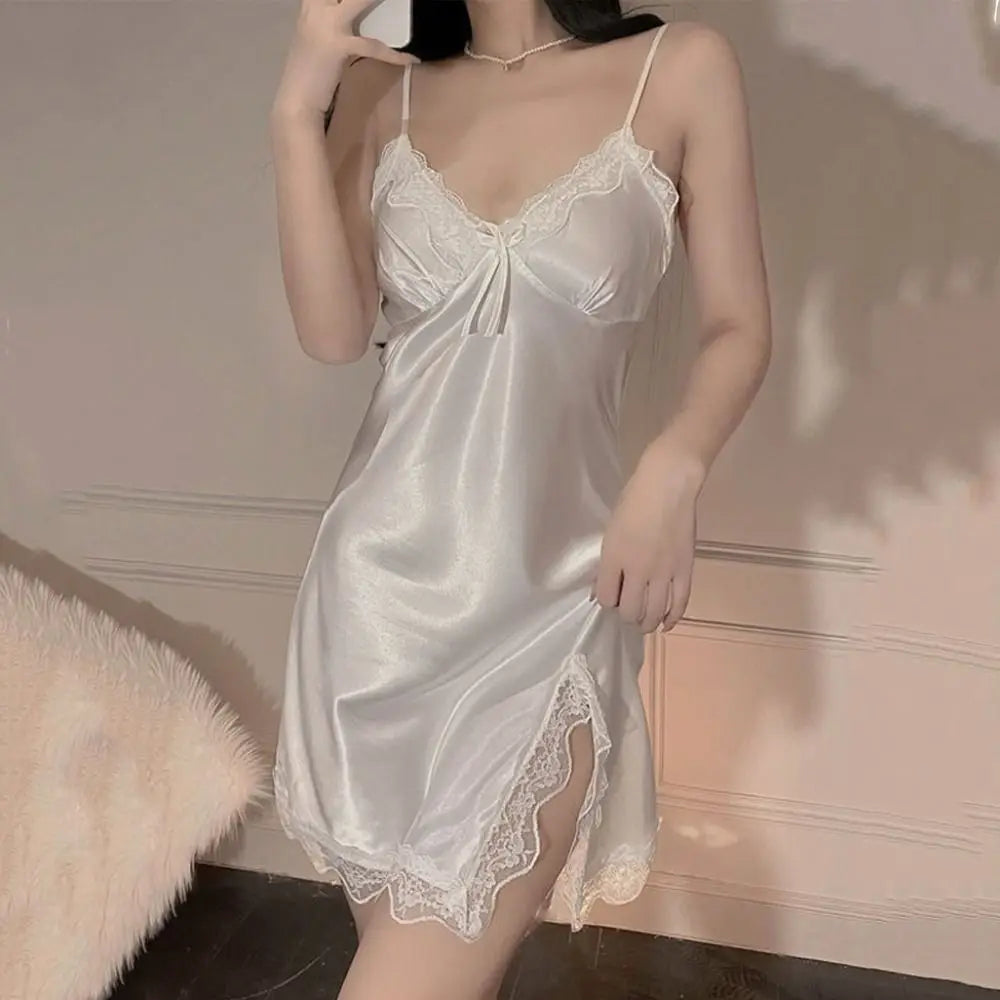 Lace Bow Satin Slip Nightgown | Sleeveless Women's Dress Slip Nightgown Dress Peaceful Pleasures Health and Wellness