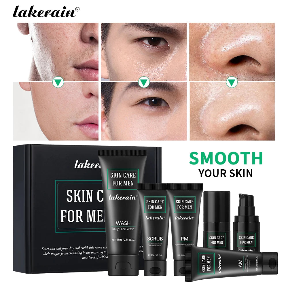 Lakerain Skin Care for Men Kit Oil Control Skin Firming Increase Hydrate Deep Cleaning Face 7 PCS Per Set Travel Skin Care Kit Peaceful Pleasures Health and Wellness