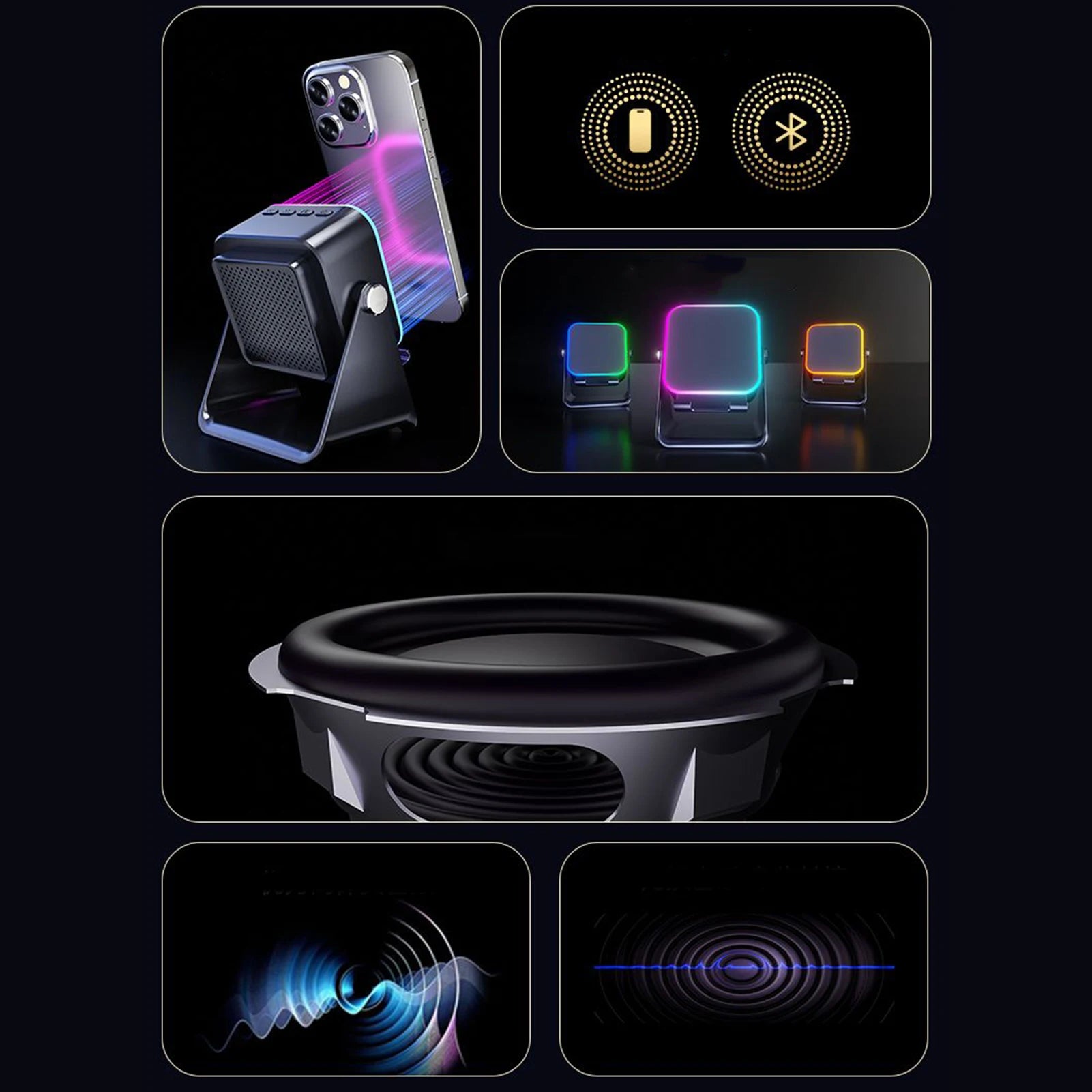 Folding Phone Stand with Bluetooth Speaker & LED Light – 10W Phone Stand Speaker Peaceful Pleasures Health and Wellness