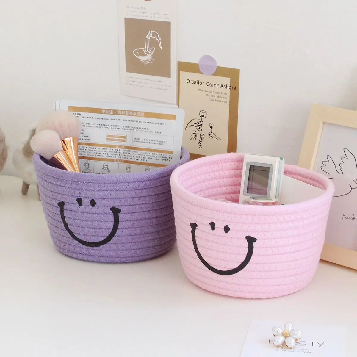 Smiley Face Desktop Storage Box Fabric Foldable Organizer for Remotes Stationery Mobiles Cosmetics Medicine Miscellaneous Items Peaceful Pleasures Health and Wellness Pink and PURPLE