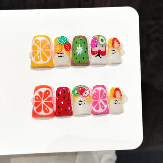 Y2k Handmade Press On Nails Hand-painted Fruit Graffiti Fake Nails With Decor Wearable Short Duckbill Dopamine Manicure Nail Art Peaceful Pleasures Health and Wellness