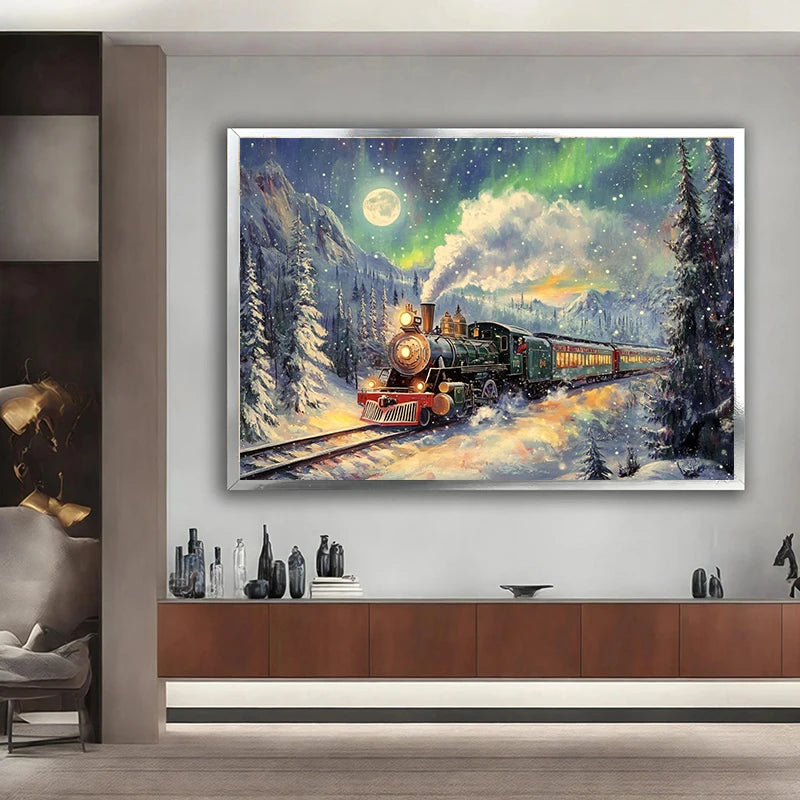 Vintage Christmas Train Holiday Winter Snow Farmhouse Town Village Poster Print Canvas Painting for Living Room Home Decor Peaceful Pleasures Health and Wellness