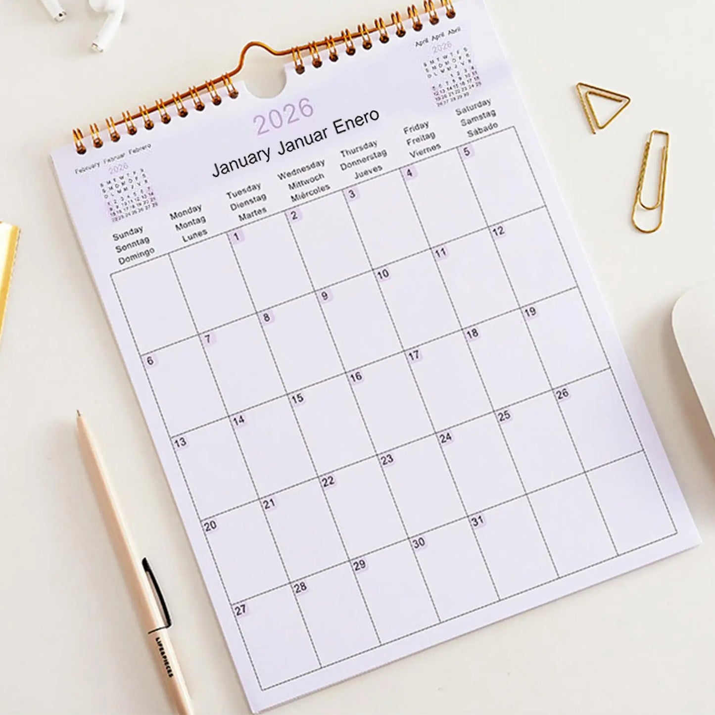 2026 Multilingual Wall Calendar 12 Month Coil Planner Modern Decorative Bedroom Dormitory Apartment School Workplace Supplies Peaceful Pleasures Health and Wellness