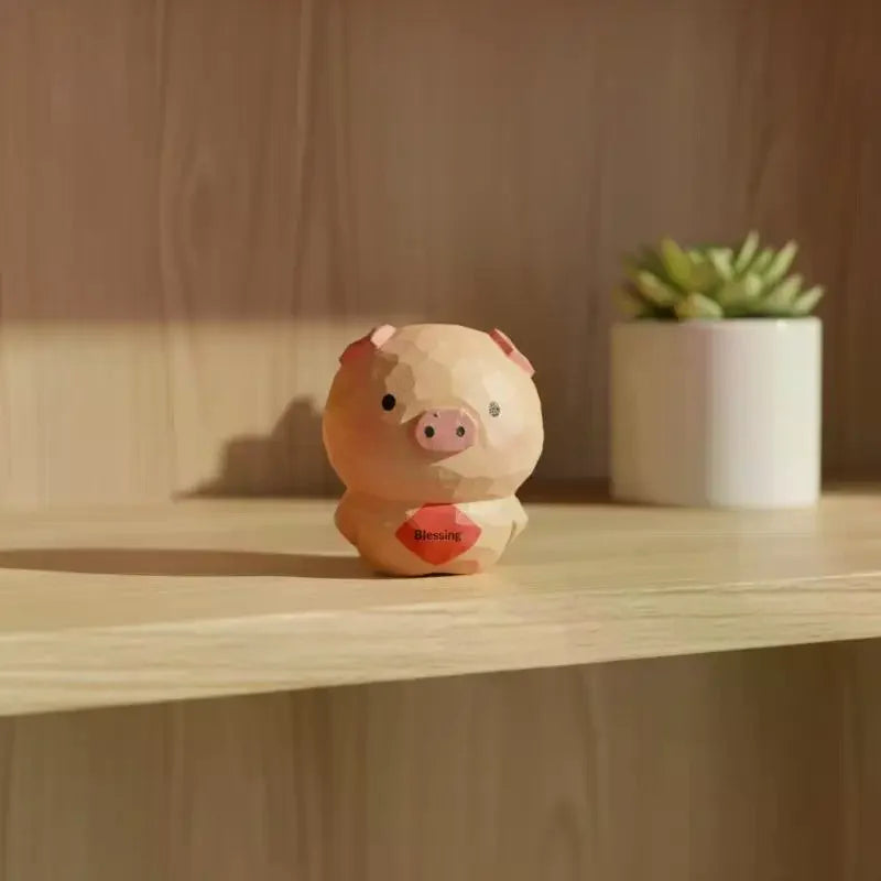 Handmade Wooden Pig Figurine Fu Character Desk Ornament Gift
