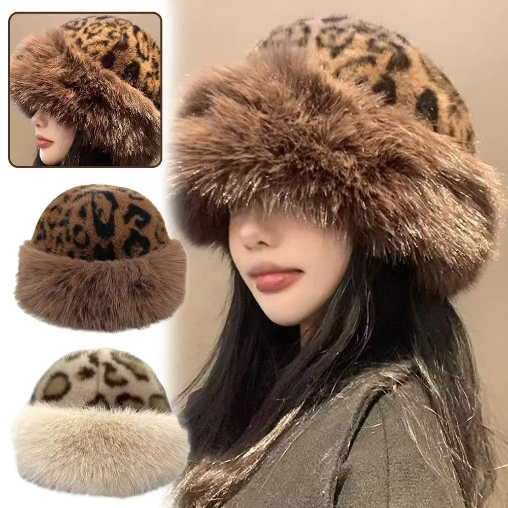 Women's Plush Leopard Print Winter Knit Hat with Pom Pom