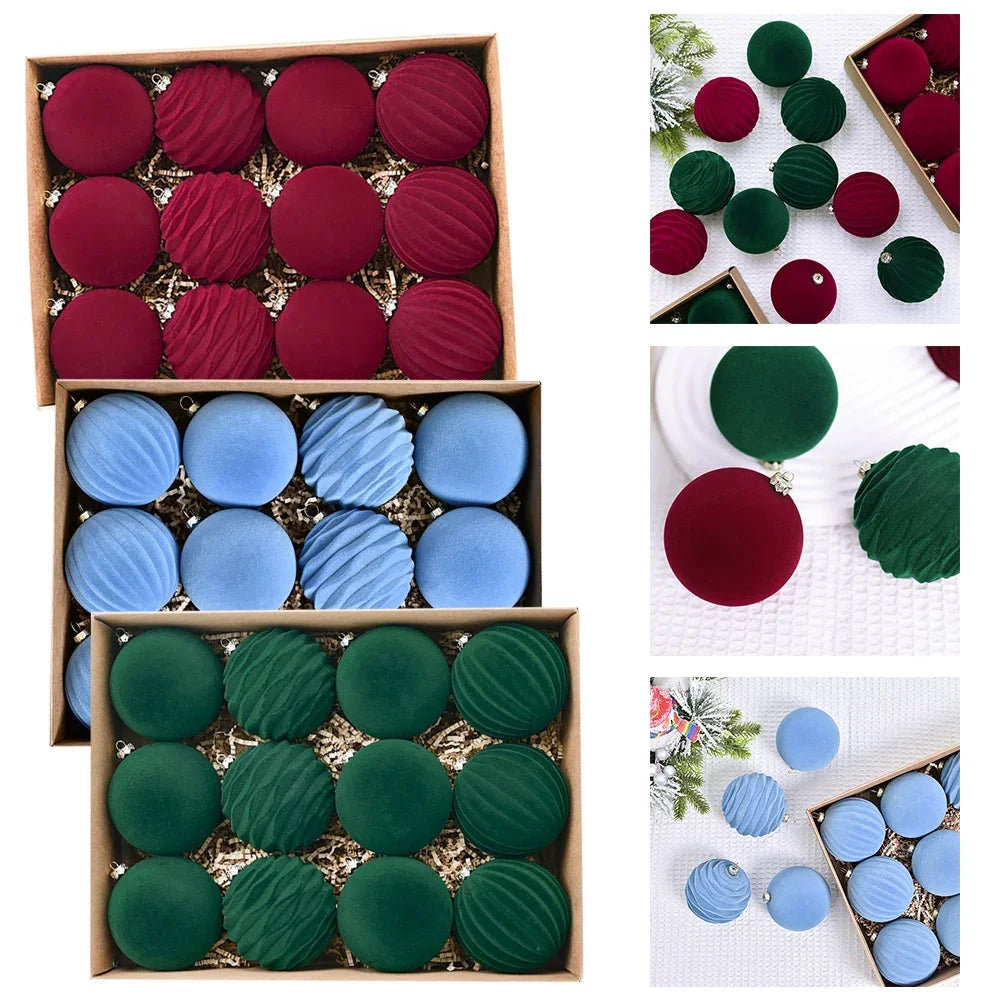 Flocked Velvet Christmas Ball Ornaments | Set of 12 | 3.15"