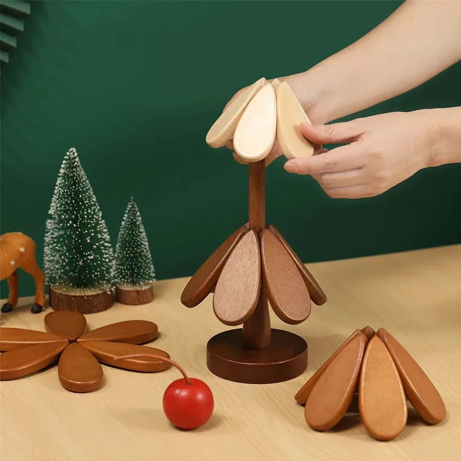 Christmas Tree Wooden Trivet & Heat Insulation Mat | Foldable Pot Pad – Star & Cherry Style
