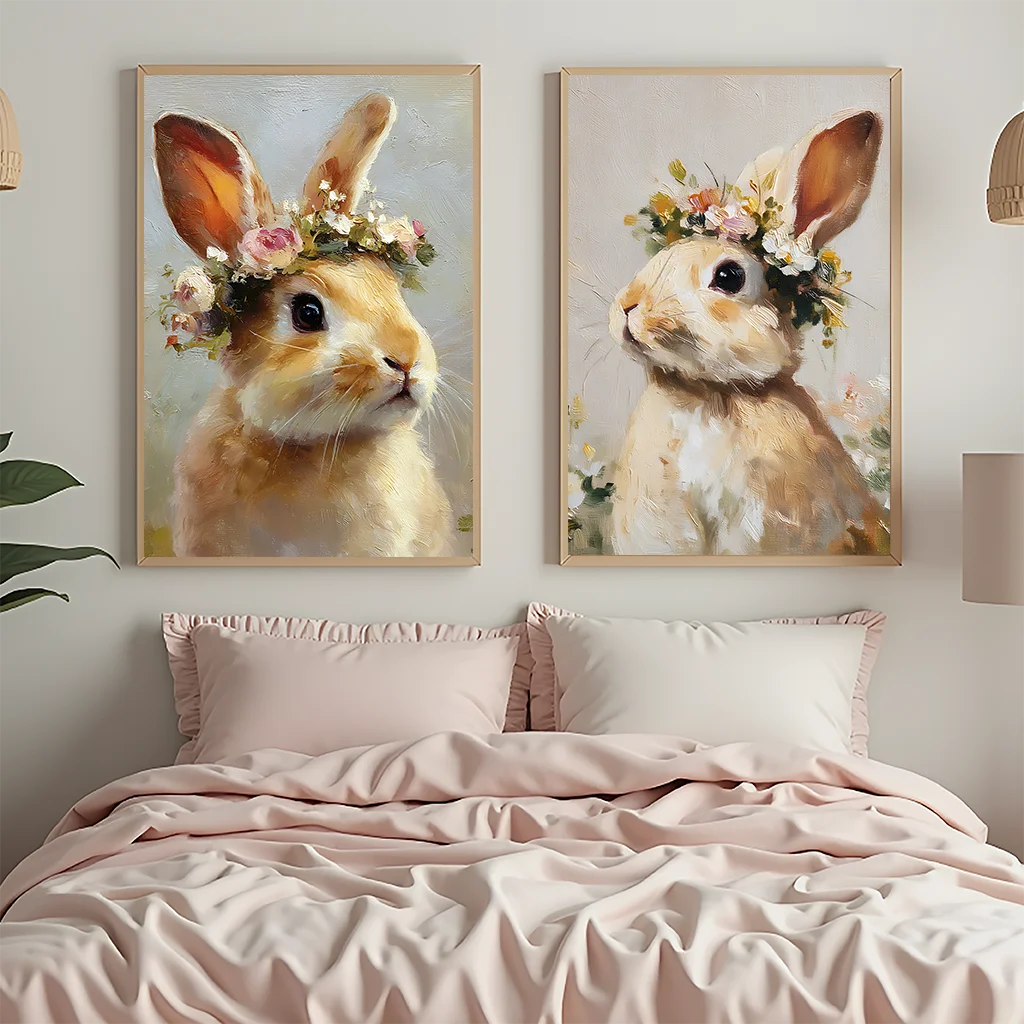 Vintage Floral Rabbit Canvas Wall Art | Bunny Flower Crown Print Canvas Wall Art Peaceful Pleasures Health and Wellness
