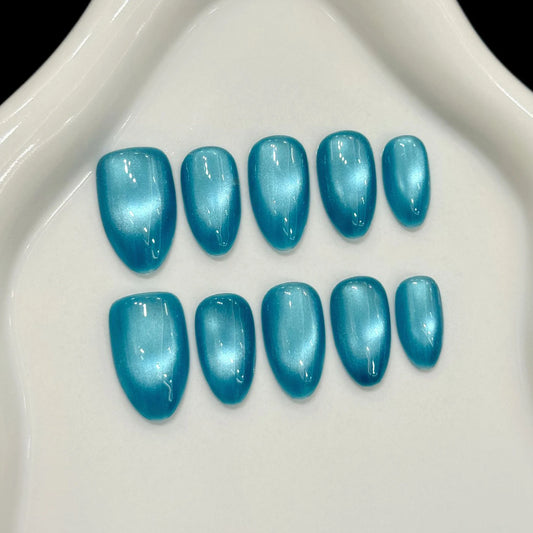 10pcs Handmade Glass Bead Cat Eyes Press on Nails Solid Color Fake Nails Wearable Reusable Ins Simple Long Almond False Nail Tip Peaceful Pleasures Health and Wellness M 1