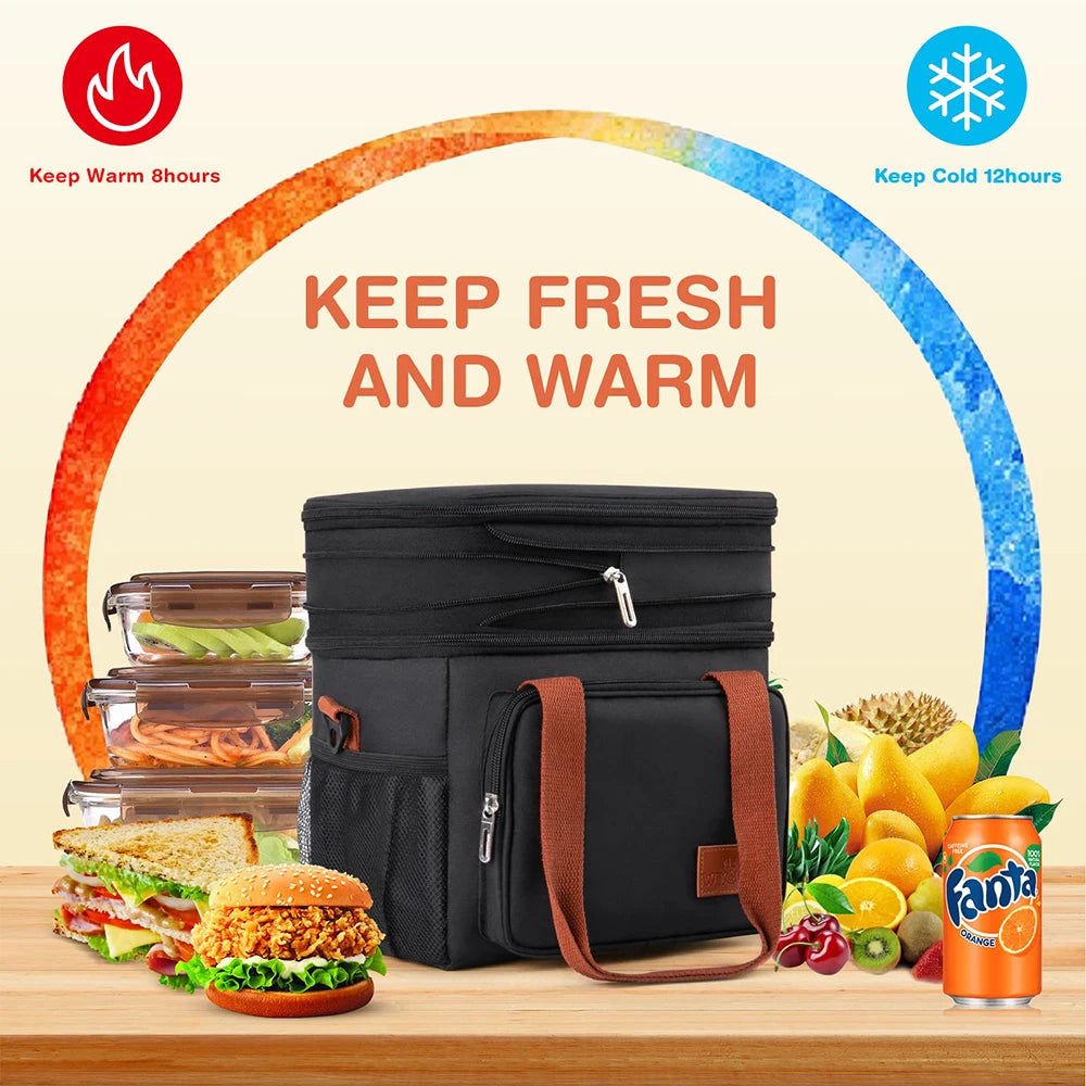 Expandable Insulated Double Deck Lunch Snack Bag 17L Large Cooler Box Leakproof for Work/Picnic/Camping/Travel with Side Pocket Peaceful Pleasures Health and Wellness