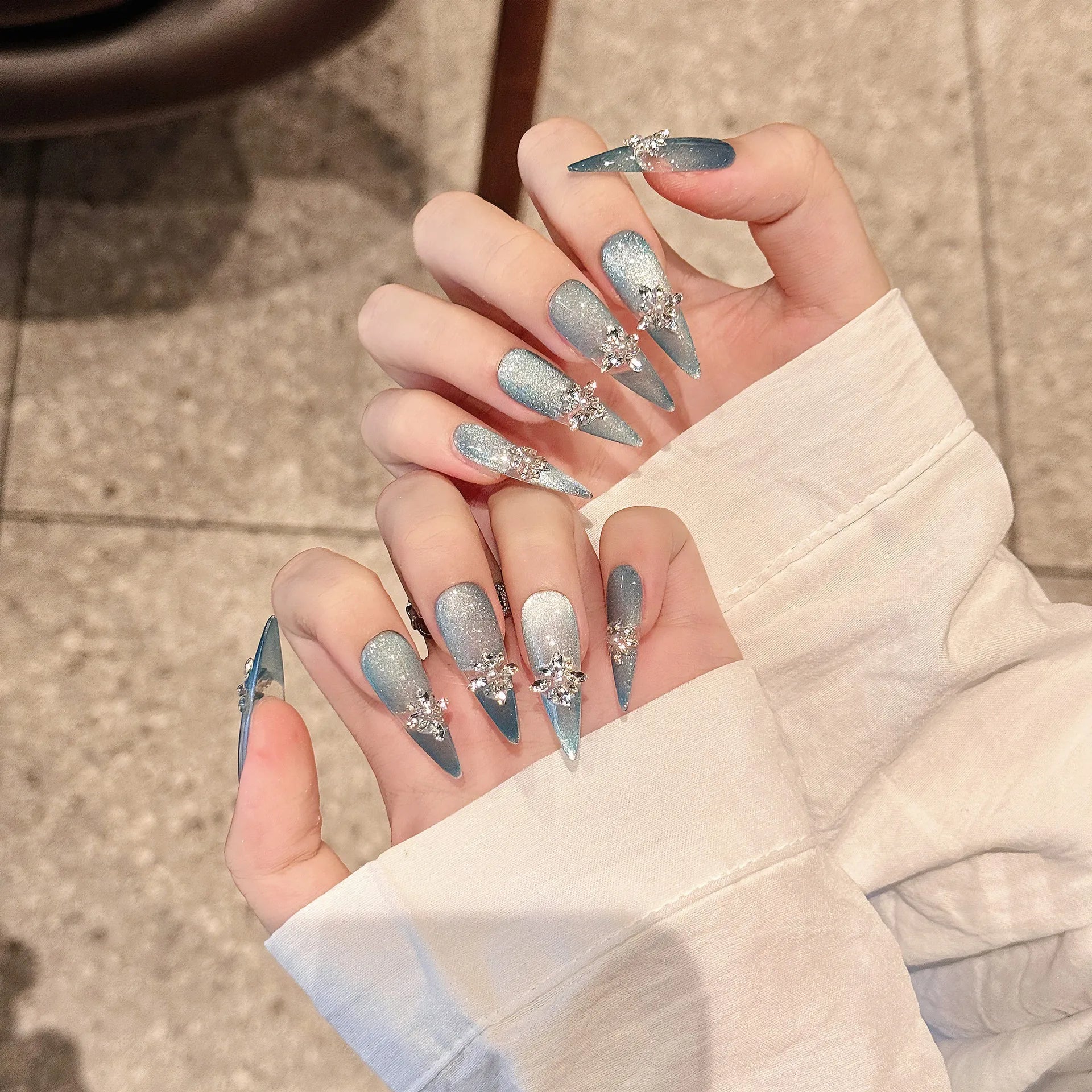 Handmade Press on Nails Glitter Blue Cat Eye Short Fake Nails Full Cover Wearable Super Shiny Gold Crystal Bride False Nail Tips Peaceful Pleasures Health and Wellness