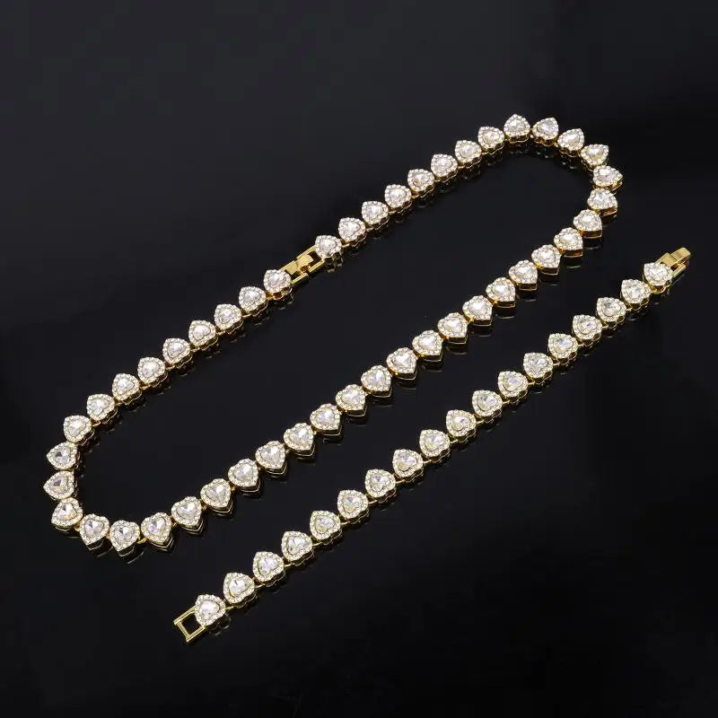 Hip Hop Tennis Chain Necklace – CZ Rhinestone Heart, 45cm