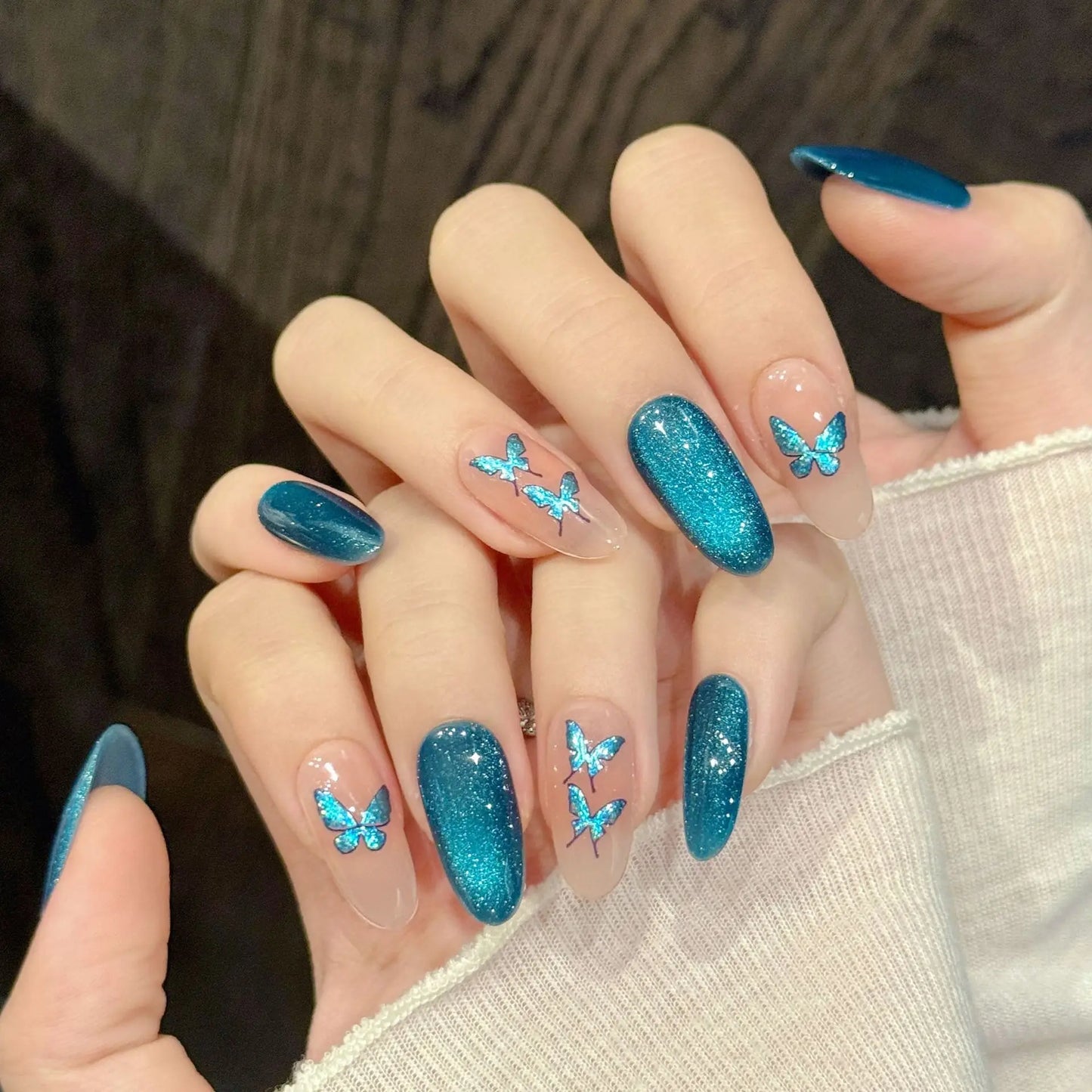 Handmade Blue Glitter Butterfly Press-On Nails | Cat's Eye Short