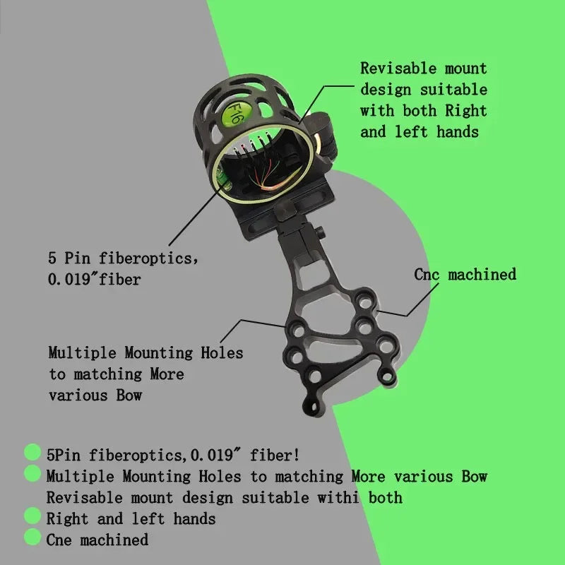 Archery Compound Bow Sight 5 Pin 0 019 Fiber Aiming Sighting Right