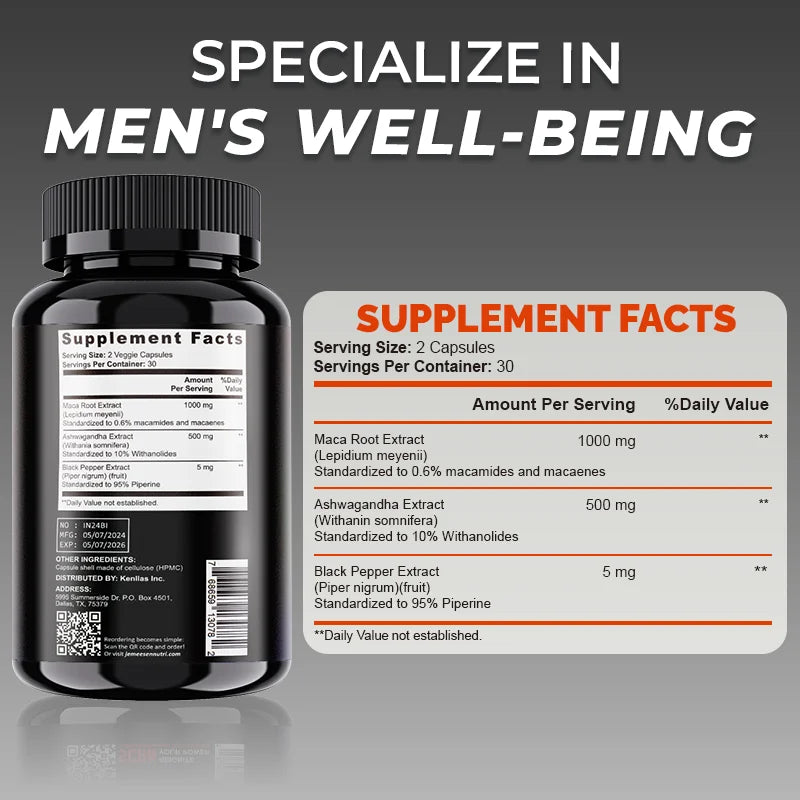 Organic Maca Root Powder Capsules 1500mg containing Maca Root Extract,Ashwagandha,Black Pepper, Supplements for Men Peaceful Pleasures Health and Wellness