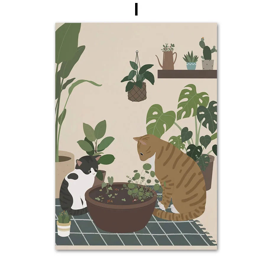 Boho Cat Canvas Wall Art | Cute Kitten Plant Neutral Print