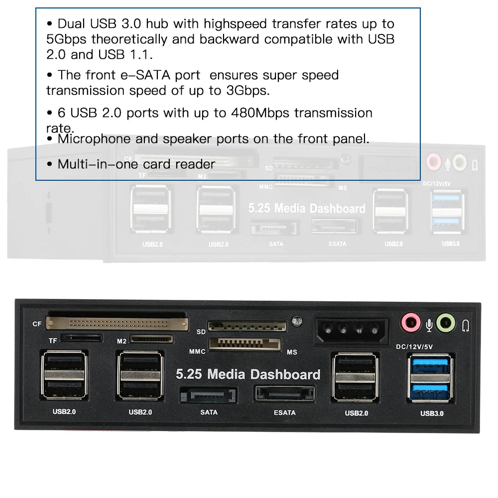 5.25" PC Front Panel USB 3.0 Hub, eSATA & Card Reader