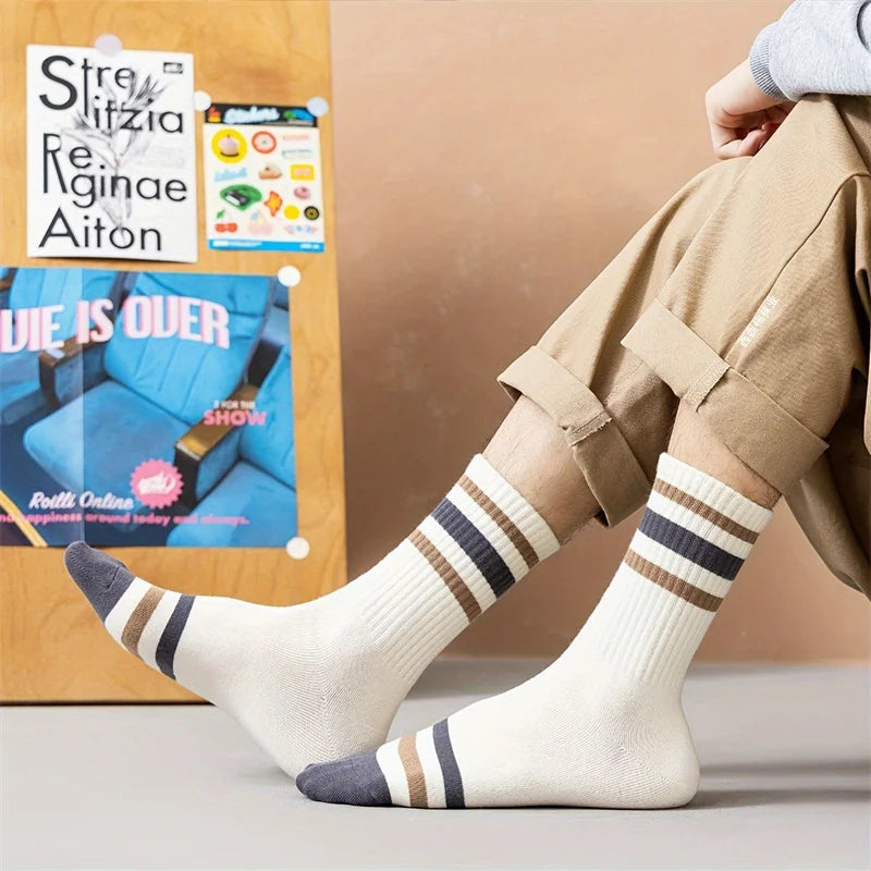 5 Pairs Men's Colorful Striped Casual Socks, Fashionable Sports Socks, Sweat Absorbing And Breathable, Suitable For All Seasons Peaceful Pleasures Health and Wellness