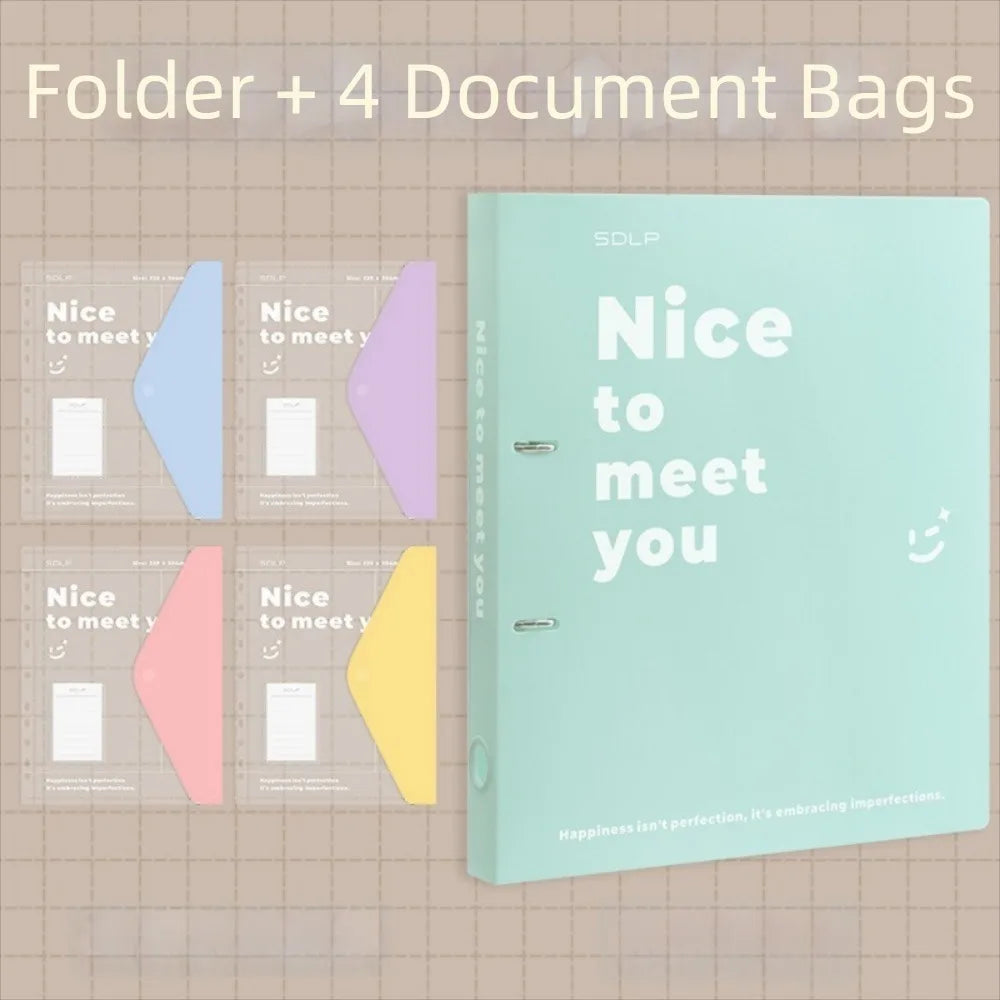 PP Loose Leaf File Bag Set Detachable Waterproof 2 Hole Binder Folders Large Capacity Test Paper Storage Clip School Supplies Peaceful Pleasures Health and Wellness Green