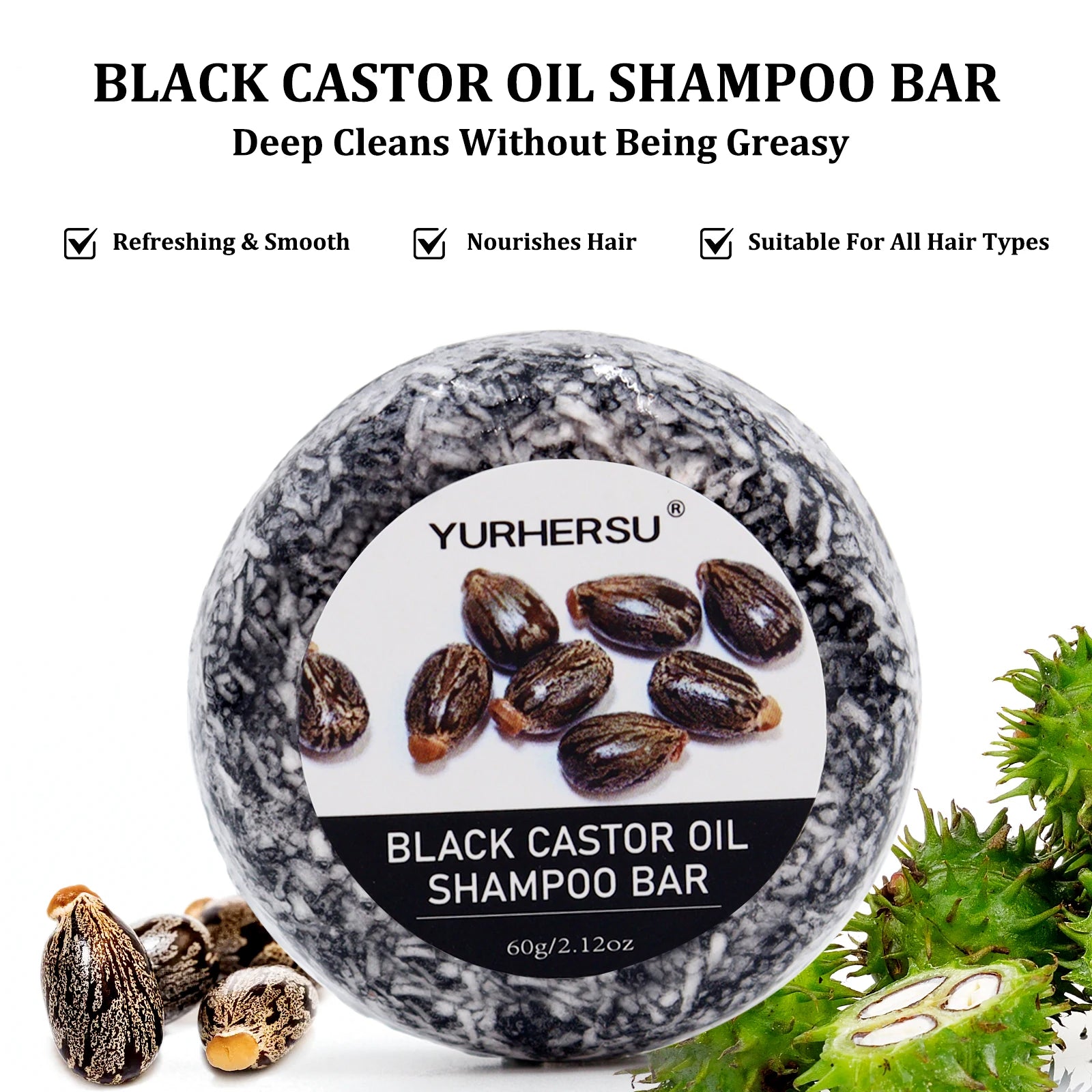 60g Black Castor Shampoo Bar 2-in-1 Shampoo and Conditioner, made with castor extract, nourishes and cares for all hair types. Peaceful Pleasures Health and Wellness