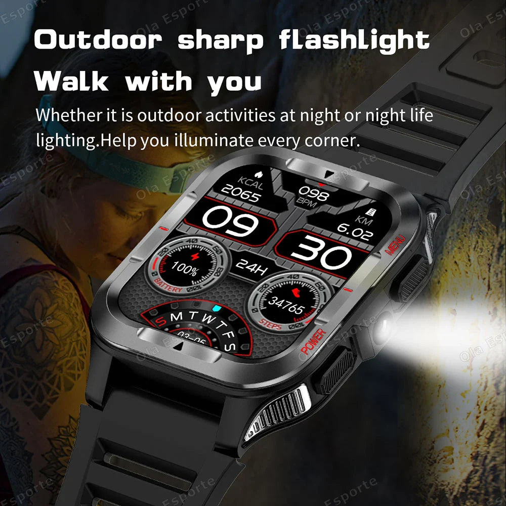 Ola Esporte Military Smart Watch 1.83" AMOLED LED Flashlight