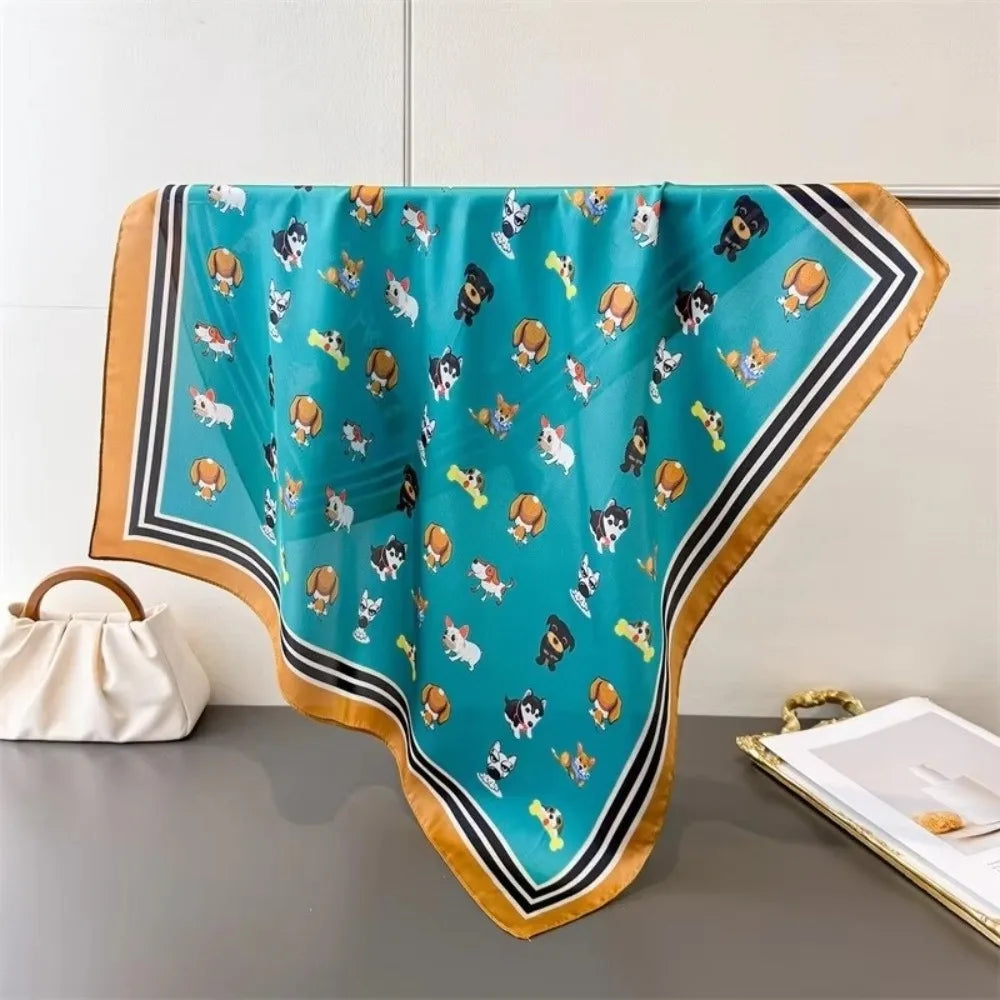 Women's 70x70cm Satin Square Scarf – Cute Dog Print Shawl