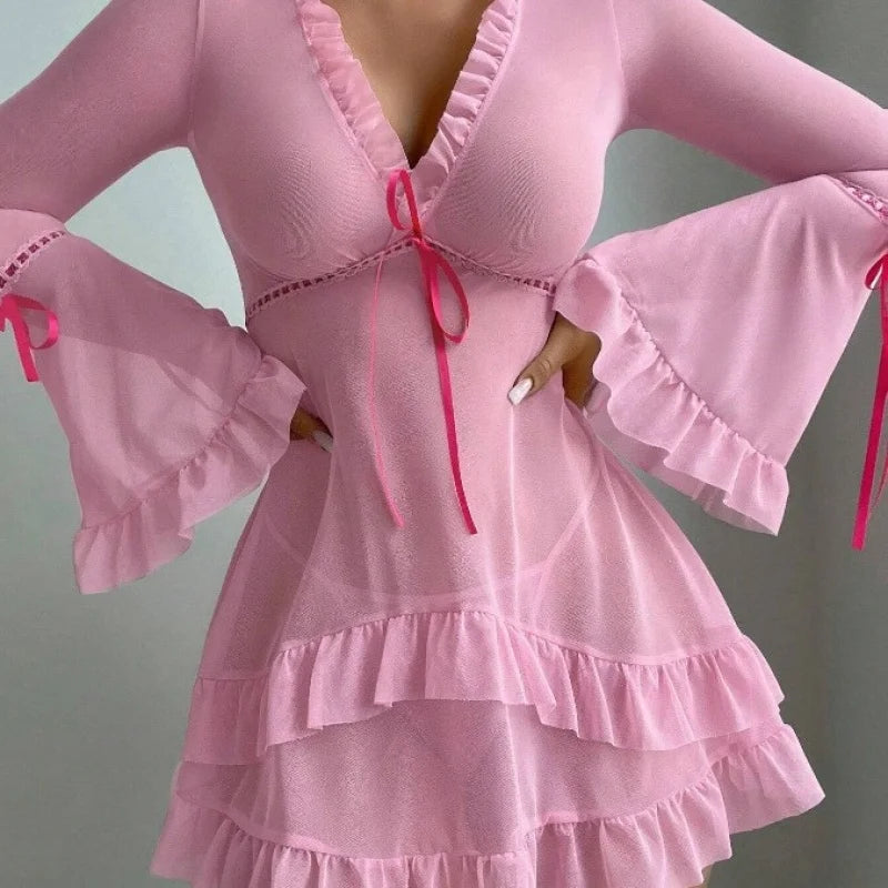 Printed Mesh Sheer Long-Sleeve Backless Mini Dress Set