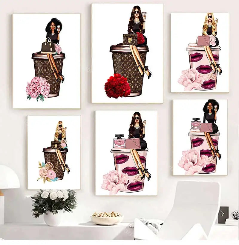 Paris Fashion Girl Flower Canvas Wall Art Print | Unframed Poster