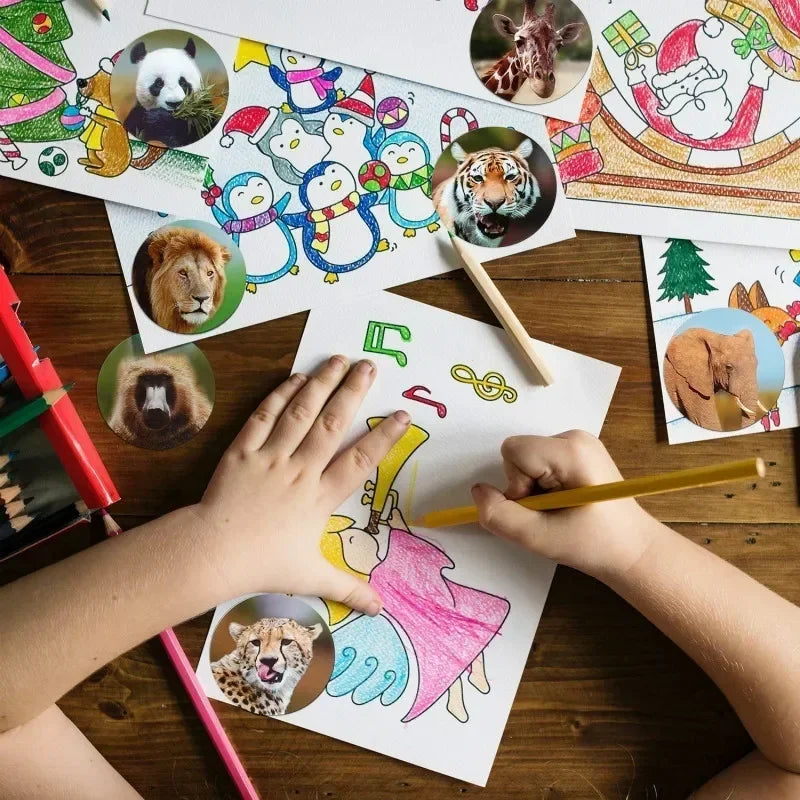 500Sheets Roll Zoo Animal Cartoon Stickers Kids Reward Lion Elephant