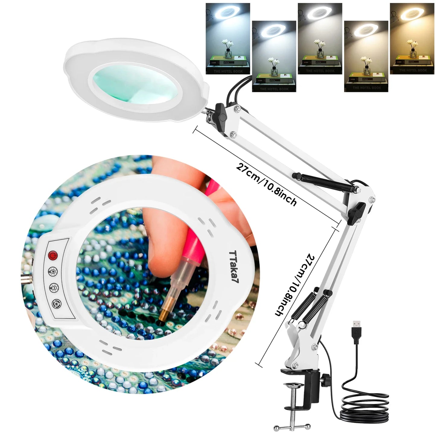 72LED 8X/10X NEW Illuminated Magnifier USB 3 Colors LED Magnifying Glass for Soldering Iron Repair/Table Lamp/Skincare Beauty Peaceful Pleasures Health and Wellness New white--short