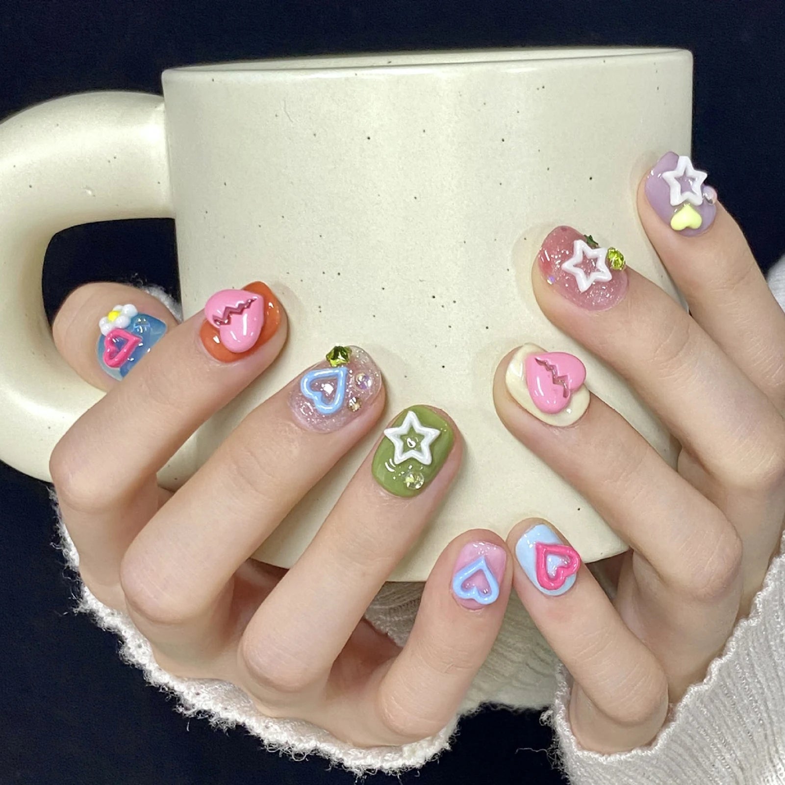 Handmade Press on Nails Cute Short 3D Colorful Heart Design False Nails Patches Ins Summer Wearable Fake Nails for Girl Wearable Peaceful Pleasures Health and Wellness